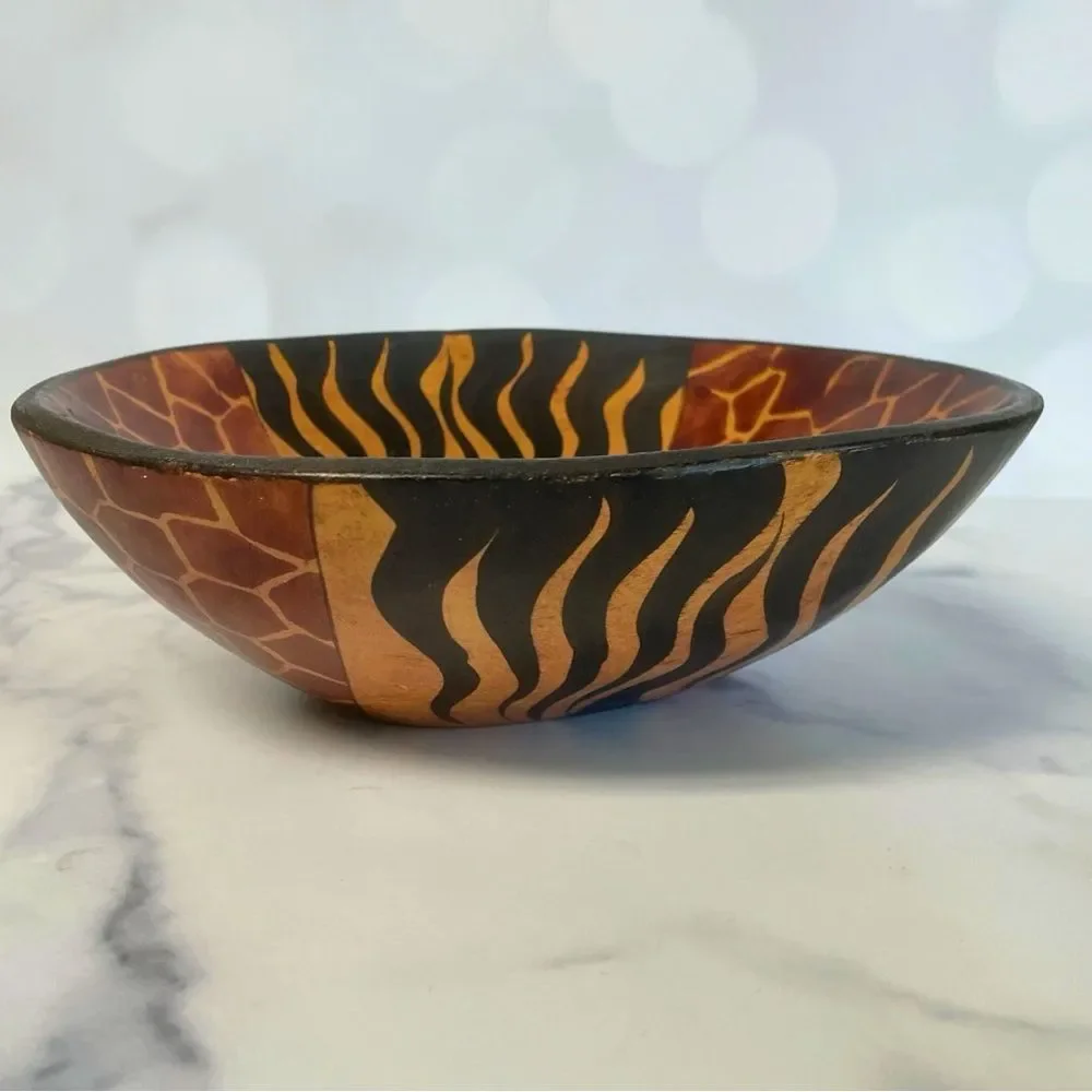 Hand Carved Wooden Bowl with Sunburst Design